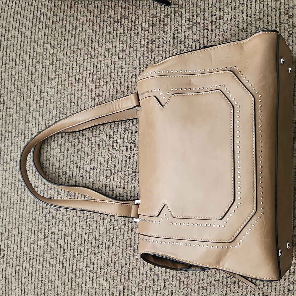 BCBG Silver and Tan Satchel with Textured Leather and Geometric Design